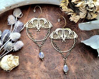Witchy Moth Earrings, Smoky Quartz Crystal Jewelry, Long Dangle Earrings, Raw Brass, Rustic Earrings, Statement Earrings, Gift for Wife