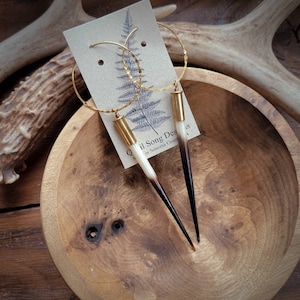 Yellowstone Bullet Hoops, African Porcupine Quill, Hammered Brass Hoop Earrings, Animal Southwestern Western Festival, Birthday Gift for Her