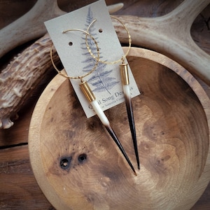 Yellowstone Bullet Hoops, African Porcupine Quill, Hammered Brass Hoop Earrings, Animal Southwestern Western Jewelry, Mothers Day gift, Mom