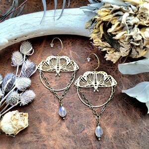 Witchy Moth Earrings, Smoky Quartz Crystal Jewelry, Long Dangle Earrings, Raw Brass, Rustic Earrings, Statement Earrings, Gift for Wife