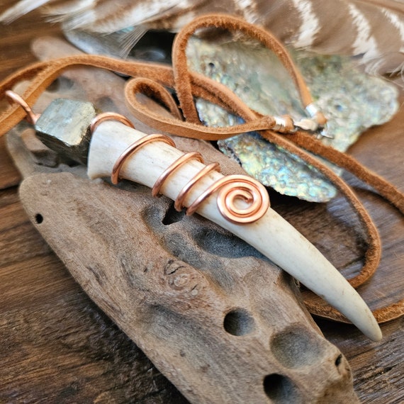 Deer Antler Wire Wraped Necklace, Pyrite Stone, Rustic Pendant, Leather Suede Cord, Sustainably Sourced, Witchy Hunter Tribal Jewelry