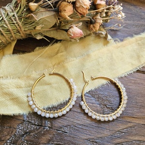 Rose Quartz Hoops, Natural Stone Hoop Earrings, Western Bohemian Wedding Jewelry, Bridesmaid Gift, Natural Hippie Festival Gift For Her