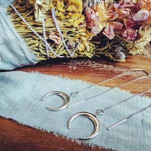 Dainty Celestial Earrings, Astrological Threader Earrings, Platinum Plated, Minimalistic Witchy Jewelry, Gift For Her, Present for Mom
