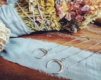 Dainty Celestial Earrings, Astrological Threader Earrings, Platinum Plated, Minimalistic Witchy Jewelry, Gift For Her, Present for Mom