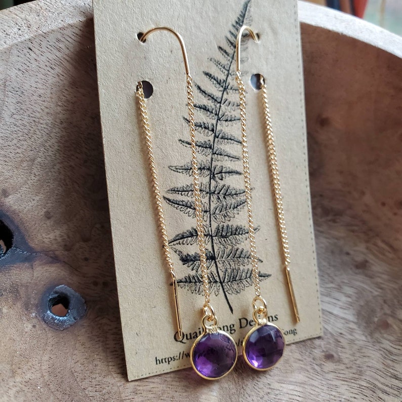 18K gold plated amethyst crystal threader earrings chain delicate natural hippie boho festival jewelry mother/'s day
