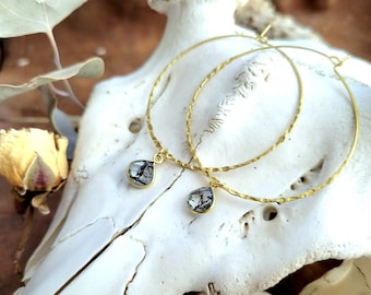Rutile Quartz Crystal, Natural Stone Hammered Hoops, Big Hoop Earrings, Gemstone Jewelry, Bridesmaid Present, Wedding Party Gift