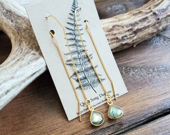 Labradorite Stone, Natural Gemstone Jewelry, 18k Gold Plated Threader Earrings,  Minimalistic, Bridesmaid Present, Bridal Wedding Party Gift
