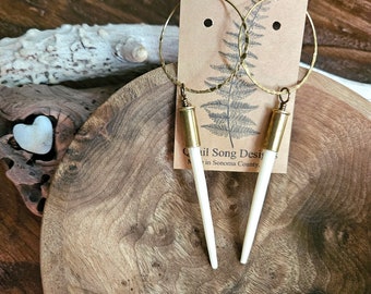 White Yellowstone Bullet Hoops, African Porcupine Quill, Hammered Brass Hoop Earrings, Animal Jewelry, Southwestern Western, Birthday Gift