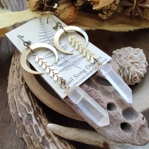 Raw Quartz Crystal Earrings, Crescent Moon, Natural Stone, Bridesmaid Gift, Hippie Boho Witchy Festival Jewelry, Birthday Gift For Her