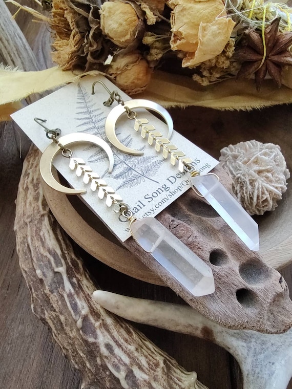 Raw Quartz Crystal Earrings Crescent Moon Natural Stone Bridesmaid Gift Hippie Boho Witchy Festival Jewelry Birthday Gift for Her Etsy