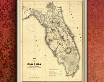 Old map of Florida LAST COPY, 18 x 24 inches print of rare vintage Florida state map 1839 Gallery quality poster on 200gsm thick matte paper