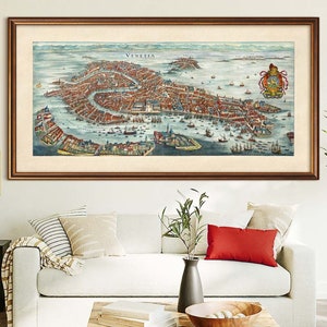 Oude kaart van Venetië 5 maten tot 80x40″ (200x100cm) Grote panoramische kaart van Venetië, Italië (Merian, 1636) Hoge resolutie posterkaarten van Venetië