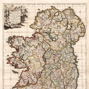 Irland Karte 1720, alte Landkarte von Irland als hochauflösender Druck bis 24x36"(61 x 91 cm) großes Poster, Landkarte von Irland mit Landkreisen von 1720"
