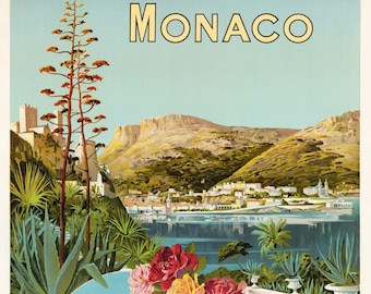 Monaco Poster, Classical travel poster of Monaco, Monte Carlo, Vintage Art Nouveau style, French Riviera, Côte d'Azur, Mediterranean seaside