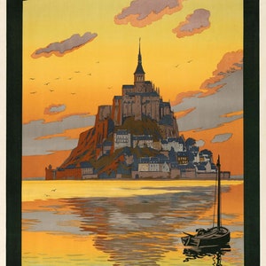 Mont Saint Michel Poster, Classical travel poster of Mont-Saint-Michel France, Vintage art deco style print, high resolution gallery quality