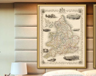 Karte von England & Wales, 7 Größen bis zu 40x53″ (100x135cm) Viktorianische England Karte mit Illustrationen 1851 Old UK Karte in hochauflösenden Drucken