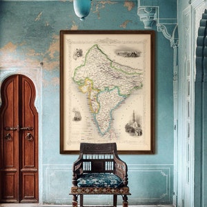Carte de l'Inde, carte de l'Inde ancienne, 7 tailles jusqu'à 100 x 135 cm (40 x 53 po.) Carte victorienne de l'Inde britannique avec illustrations vintage, 1851, affiche indienne