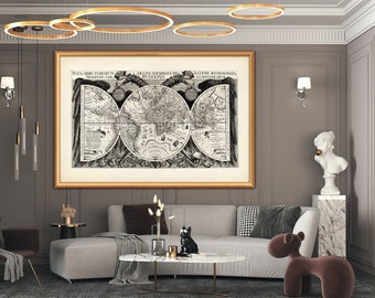 Mappa del mondo con aquila, grande vecchia mappa del mondo in 5 dimensioni fino a 60x40″ (150x100 cm) Misteriosa mappa di Keplero con aquila reale a due teste