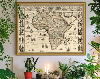 Carte de l'Afrique en 7 tailles jusqu'à 53 x 40 pouces (135 x 100 cm) Ancienne carte de l'Afrique 1636 en posters haute résolution avec des figures tribales vintage et des animaux sauvages