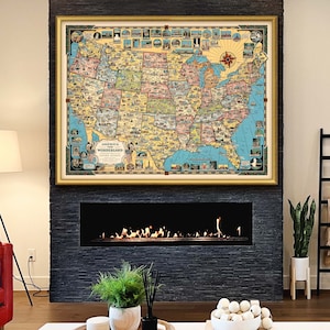 Carte illustrée des États-Unis en 7 tailles jusqu'à 53 x 40 pouces (135 x 100 cm) Grande carte murale des États-Unis en impression haute résolution sur du papier de qualité galerie