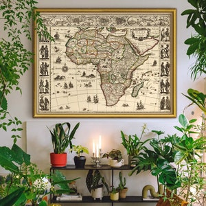 Carte de l'Afrique en 7 tailles jusqu'à 53 x 40 pouces (135 x 100 cm) Ancienne carte de l'Afrique 1636 en posters haute résolution avec des figures tribales vintage et des animaux sauvages