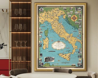 Italy map 1935 in 6 sizes up to 40x53″ (100x135 cm) Vintage pictorial map of Italy with cities in large HR prints on gallery quality paper