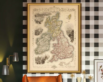 Carte du Royaume-Uni et de l'Irlande, carte britannique victorienne en 7 tailles jusqu'à 40 x 53 po. (100 x 135 cm) XL carte illustrée vintage des îles britanniques 1851 Royaume-Uni et Irlande