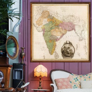 Carte de l'Inde, carte de l'Inde ancienne imprimée en 5 tailles jusqu'à 40 x 40 po. (100 x 100 cm) Carte murale de l'Inde britannique en haute résolution sur du papier de qualité galerie