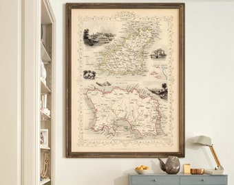Mapa de las Islas del Canal de Jersey y Guernsey, 7 tamaños hasta 100 x 135 cm (40 x 53″). Mapa victoriano de las Islas del Canal con ilustraciones antiguas, 1851.
