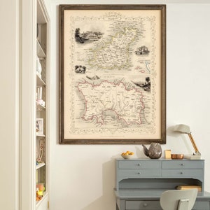 Kanalinseln Karte von Jersey & Guernsey, 7 Größen bis 40x53″ (100x135cm) Viktorianische Karte von Kanalinseln mit vintage Illustrationen, 1851