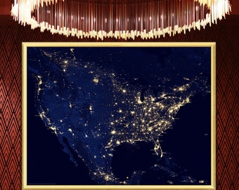 US satellite map at night in 7 sizes up to 53x40″ (135x100 cm) USA & Canada city lights with names in high resolution NASA space view poster