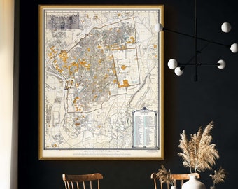 Jerusalem map, 5 sizes up to 40x50″ (100x125cm) Vintage map of Jerusalem Israel Old Town (1940s) Temple Mount, Holy Sepulchre, Wailing Wall