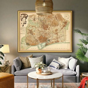 Carte de Barcelone en 6 tailles jusqu'à 53x40″ (135x100cm) carte vintage de Barcelone, Espagne, 1891 en impressions haute résolution, ancienne carte murale de Barcelone XL