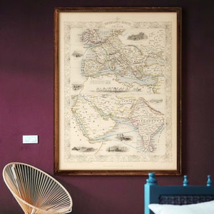 Mapa podróży Indii, Overland Route to India, 7 rozmiarów do 40x53″ (100 x 135 cm) Stara mapa tras wiktoriańskich z ilustracjami, 1851 r.