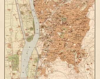 Carte du Caire, Égypte, 1920, carte du Caire, impression haute résolution jusqu'à 61 x 91 cm (24 x 36 po.), impression de carte vintage du Caire, affiche de la capitale égyptienne