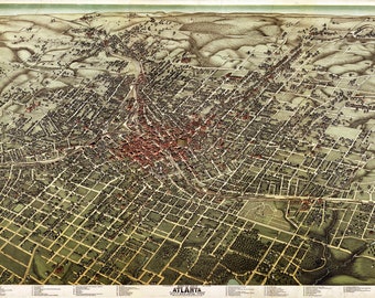 Atlanta Karte 1892, Vintage Karte von Atlanta, GA, 1892 in hochauflösenden Drucken von bis zu 150 x 100 cm, Atlanta GA, Poster, Atlanta Wandkarte