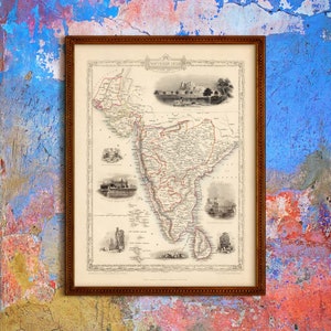 Carte de l'Inde du Sud, ancienne carte de l'Inde du Sud, 7 tailles jusqu'à 40 x 53 pouces (100 x 135 cm) carte vintage de l'Inde, 1851, Tamil Nadu, Karnataka, Maharashtra