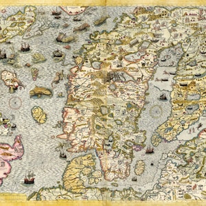 Mapa de Escandinavia 1572, antiguo mapa pictórico de Escandinavia en impresiones de alta resolución de hasta 36x24" (91x61cm) Póster del mapa antiguo de Noruega, Suecia y Finlandia