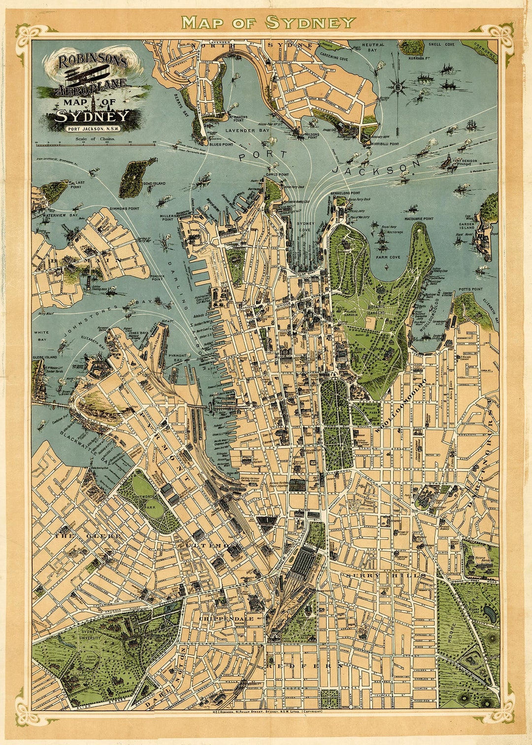 シドニー地図 1922年、オーストラリアのシドニーの古地図、最大24x36