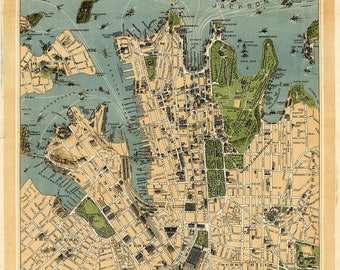 オーストラリア古い地図の絵 1922年のシドニー地図、オーストラリアのシドニーの古い地図、最大