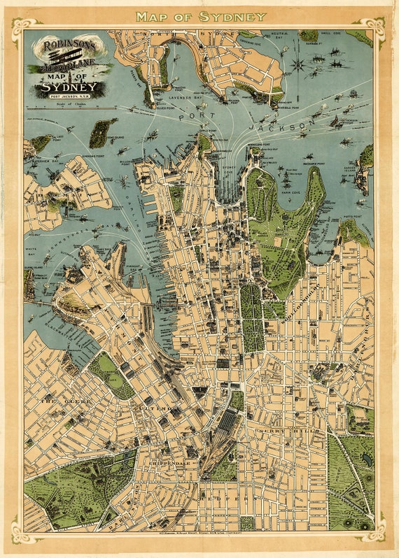 オーストラリア古い地図の絵 1922年のシドニー地図、オーストラリアのシドニーの古い地図、最大
