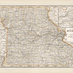 Missouri state map 1891, Old map of Missouri state in high resolution prints up to 36 x 24&quot; (91 x 61cm) vintage Missouri map poster, MS map