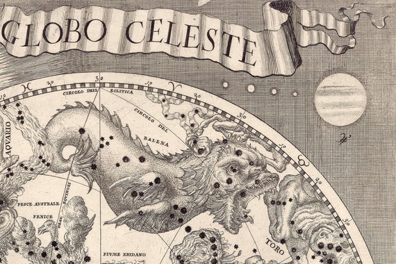 Sky Map 1687, Vintage Map of Star Constellations in High Sky Map 1687, Vintage Map of Star Constellations in High