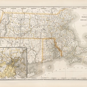 Mappa dello stato del Massachusetts con Rhode Island, 1891, vecchia mappa del Massachusetts con stampe ad alta risoluzione fino a 36x24" (91x61 cm) poster MA e RI