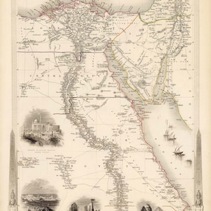 Carte de l'Égypte ancienne de 1851, carte illustrée de l'Égypte avec des sites de l'Égypte ancienne en impression haute résolution, affiche jusqu'à 61 x 91 cm (24 x 36 po.)