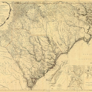 Mapa de Carolina del Norte y Carolina del Sur, 1777, antiguo mapa estatal de Carolina del Norte y Carolina del Sur en impresiones de alta resolución de hasta 36 x 24" (91 x 61 cm) Mapa de póster de Carolina