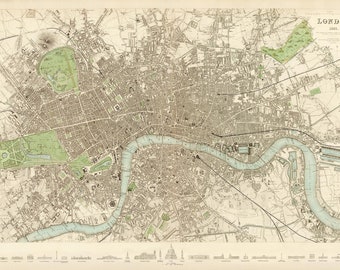 Old London map 1843, Vintage Victorian map of London, England in high resolution prints up to 36 x 24&quot; (91 x 61cm) Large London UK poster