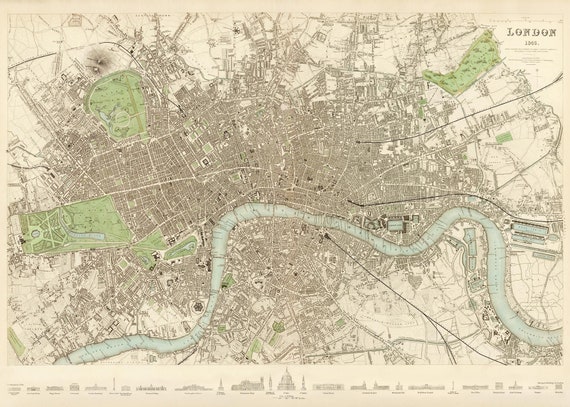 Old London Map 1843, Vintage Victorian Map of London, England in