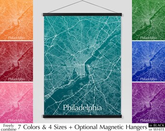 Philadelphia map print poster, Map of Philadelphia PA minimalist art, 7 colors 4 sizes Blue Green Teal Purple Red Orange Pink DARK Version