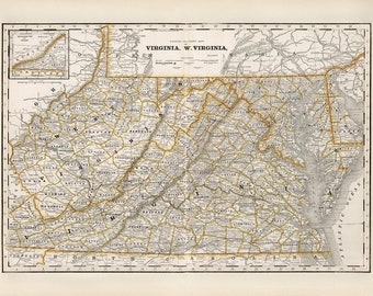 Virginia state map with West Virginia 1891, Old map of Virginia & West Virginia in high resolution prints up to 36x24" (91x61cm) VA + WV map